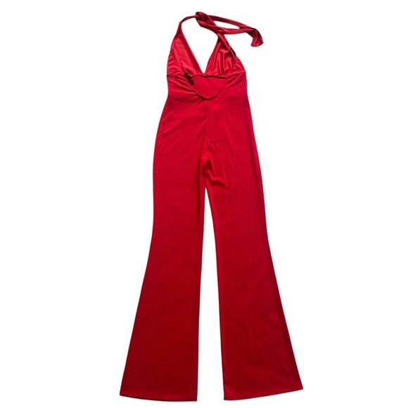 Vintage Y2K Hi Sense Halter Neck Flared Jumpsuit M Red Stretch Glam Festive - Picture 3 of 14